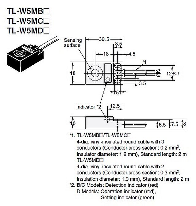 Afstand detectie sensor inductief 5mm NPN 6-36VDC TL-W5MC1 afmetingen 01